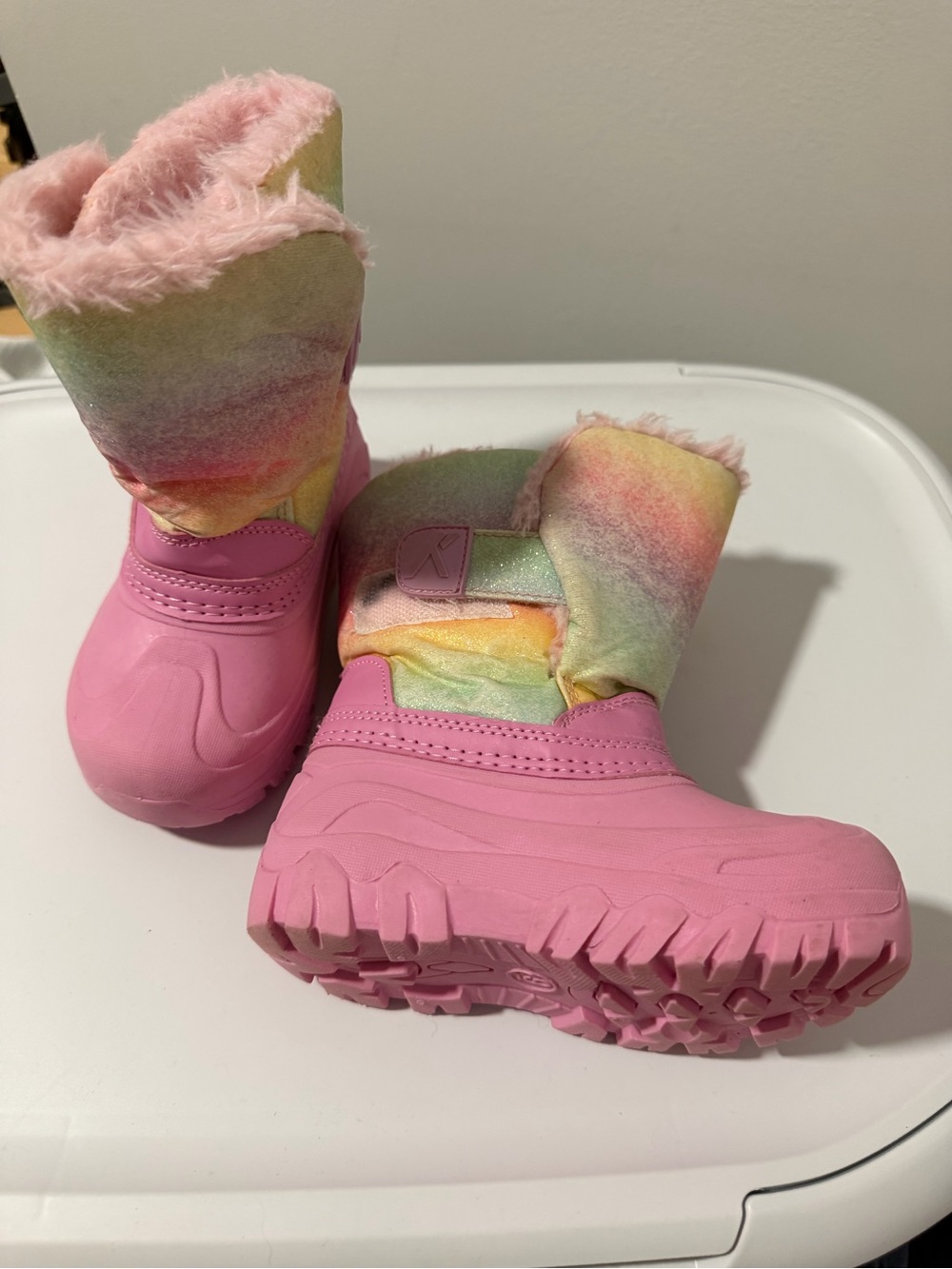 Pink Kids Snow Boots with Rainbow Plush Cuff